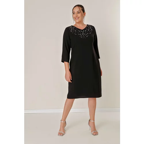 By Saygı Capri Sleeves Plus Size Dress with Stones Print on the Front
