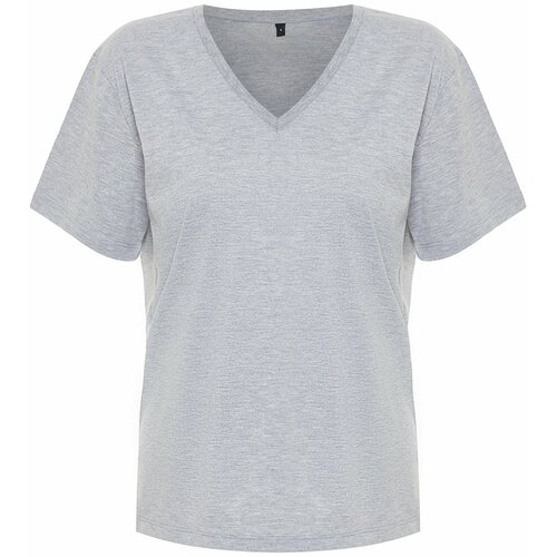 Trendyol Gray Melange Oversize V-Neck Knitted T-Shirt Slike