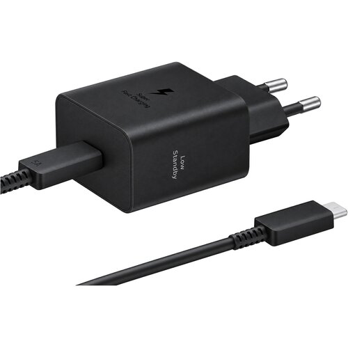 Samsung stenski polnilec z enim USB-C vhodom 45W in priloženim USB-C v USB-C kablom črne barve dolžine 1.8m EP-T4511XBE Slike