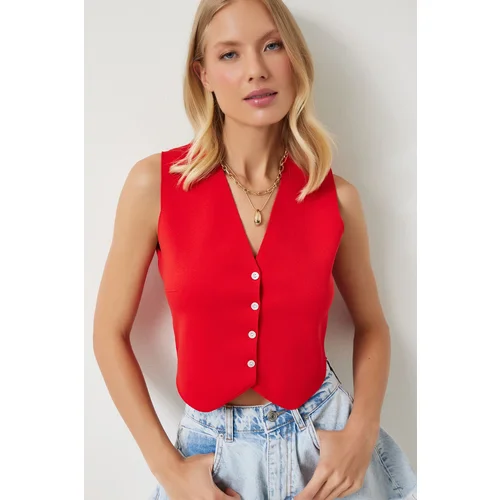  Women's Red V-Neck Buttoned Summer Knitwear Vest