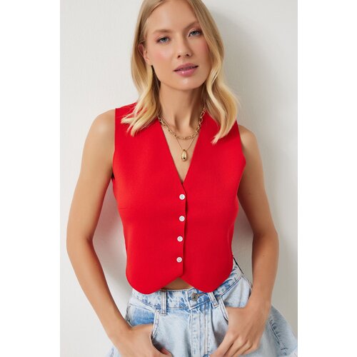  Women&amp;#039;s Red V-Neck Buttoned Summer Knitwear Vest Slike