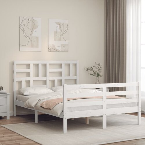  The Living Store Posteljni okvir z vzglavjem bel trden les - Posteljni Okvir, (21497092) Slike