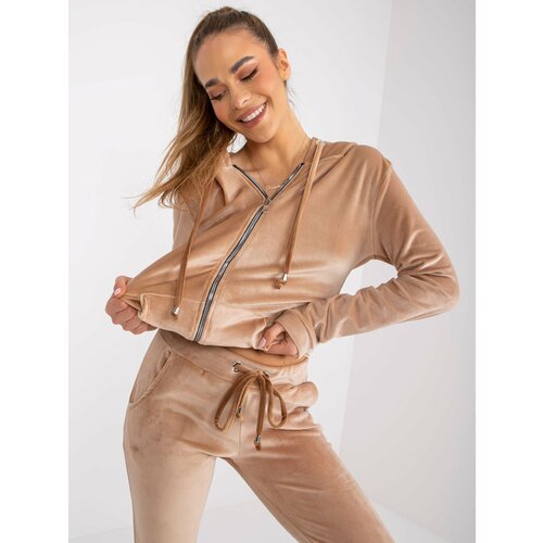 Fashion Hunters Dark beige two-piece velour set with Ilaria trousers Slike