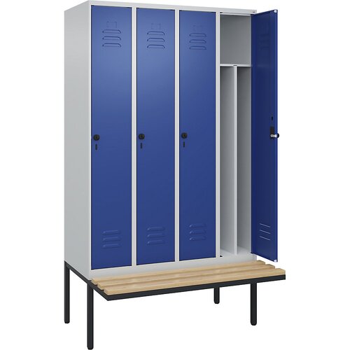 C+P Garderobna omara s klopjo Classic PLUS, 4 deli, predelna stena na sredini, svetlo sive / encijan modre barve, Š 1200 mm, varnostni vrtljivi zapah, Cene