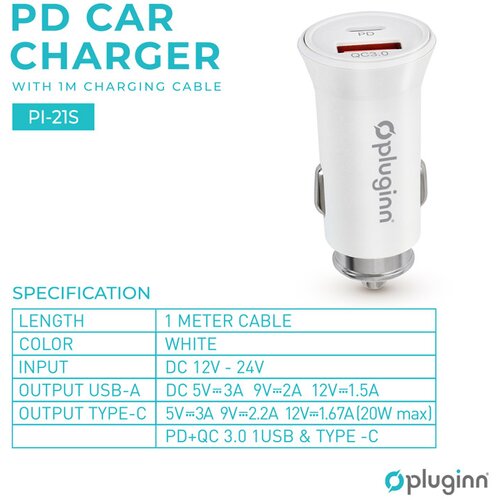  Auto punjač Plugi PI-21S PD 20W QC 3.0 18W sa USB na iPhone Lightning kabel Cene
