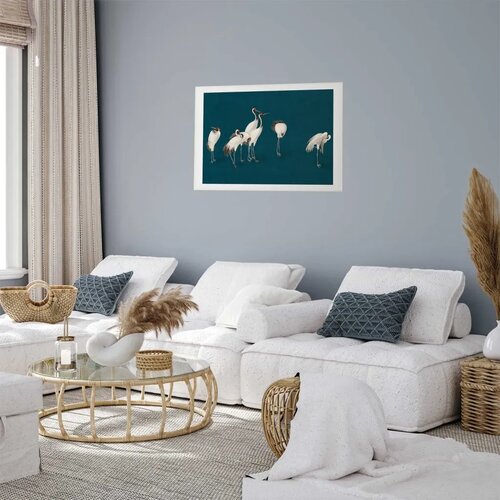  Plakat - Evening at the Pond - group of cranes drawn in dry pastel on a dark turquoise background 60x40 Bez okvira s margom Slike
