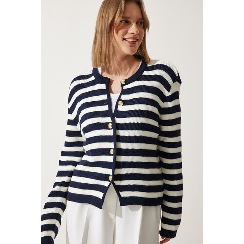  Women's Ecru Navy Blue Striped Knitwear Cardigan with Waistcoat Cene