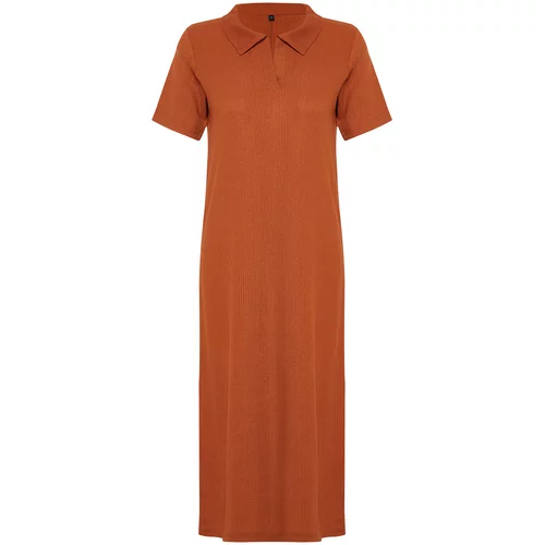 Trendyol Cinnamon Polo Neck Short Sleeve Crepe/Textured Knitted Midi Dress