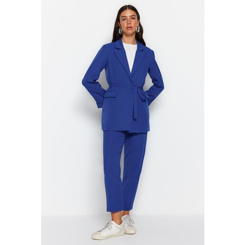 Trendyol Blue Lacing Detailed Crepe Jacket-Pants Woven Bottom-Top Set Slike