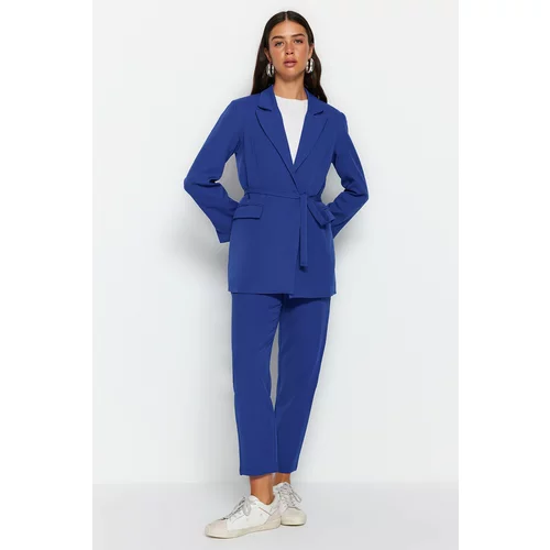 Trendyol Blue Lacing Detailed Crepe Jacket-Pants Woven Bottom-Top Set