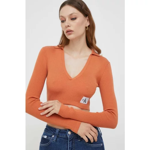 Calvin Klein Jeans Majica z dolgimi rokavi ženski, oranžna barva