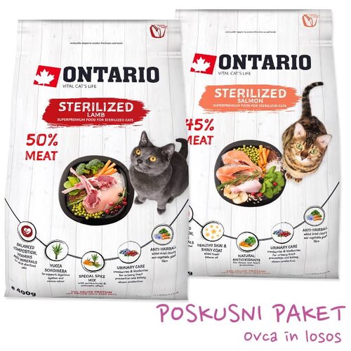 Ontario Cat poskusni paket za sterilizirane mačke - ovca, losos - 2 x 400 g Cene