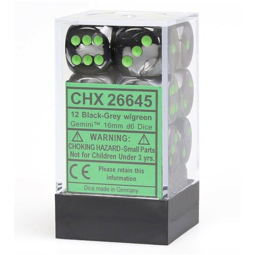 Chessex kockice - gemini - black-grey & green - dice block 16mm (12) Cene