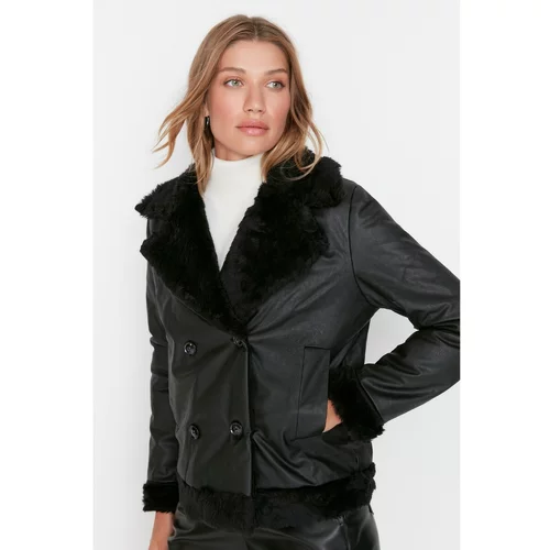 Trendyol Black Collar Plush Detailed Faux Leather Coat
