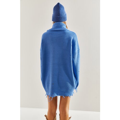 Bianco Lucci Women's Ripped Patterned Turtleneck Knitwear Sweater Cene