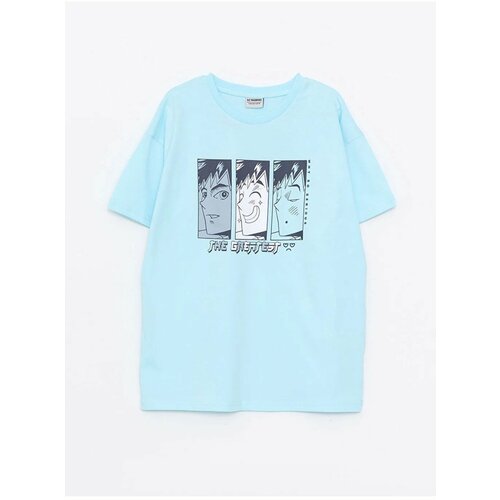 LC Waikiki Blue-Colored, 100% Cotton Combed Combed Crew Neck Printed Short Sleeve Boys' T-shirt. Cene