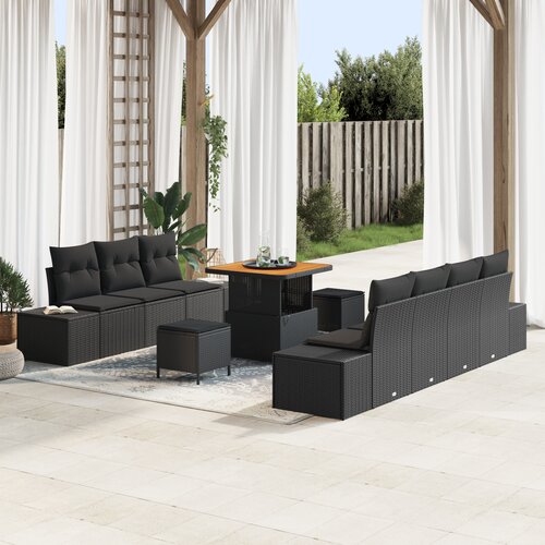 vidaXL 10-delna vrtnarska sofa garnitura z blazinami Črna Poli ratan Acacia, 2-sedežna vrtnarska sofa s shrambo in blazinami Črna Poli ratan, 3-delni vrtnarski jedilni set z blazinami Črna Poli ratan Acacia Cene