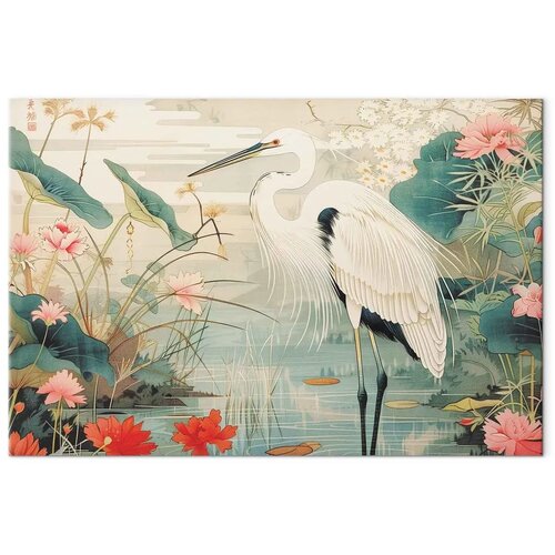  Slika - By an Asian pond - an illustration in the style of a Japanese engraving  depicting a heron 30x20 Akustična Cijene