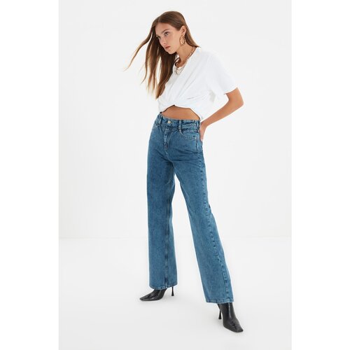 Trendyol Dark Blue Waist Detailed High Waist 90&amp;#039;s Wide Leg Jeans Slike