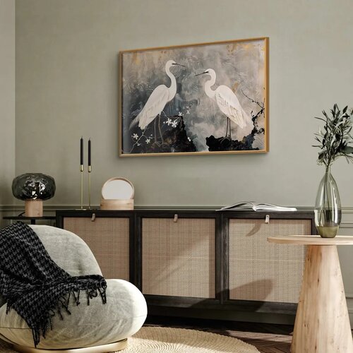  Plakat - Herons and Cherry Blossom - oriental-style illustration depicting birds 30x21 Zlatni okvir Slike