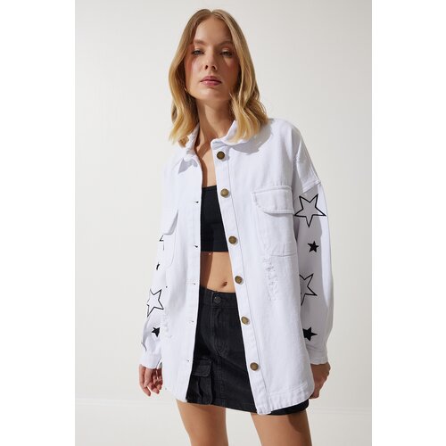  Women's White Star Embroidered Oversize Shirt Jacket Cene