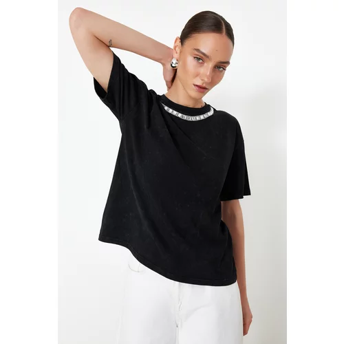 Trendyol Black 100% Cotton Stone Embroidered Distressed/Pale Effect Relaxed/Comfortable Fit Knitted T-Shirt