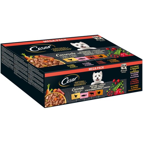 Cesar Natural Goodness brez žitaric s superživili 48 x 100 g - Casserole v omaki (losos, pi&scaron;čanec, govedina, puran) Cijene