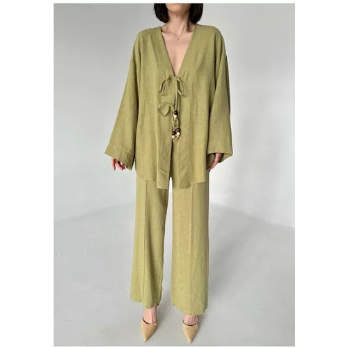 Laluvia Khaki Beaded Kimono Linen Suit
