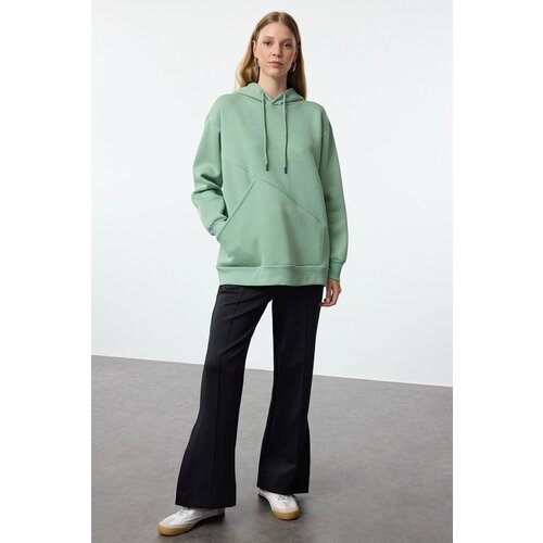 Trendyol Mint Thick Polar Fleece Oversize/Wide Pattern Pocket Detailed Hooded Knitted Sweatshirt Slike