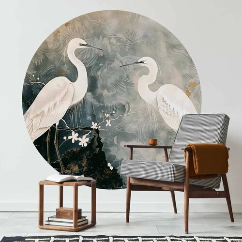  Okrugla fototapeta - Herons and cherry blossoms - oriental-style illustration depicting birds 280x280 Cene