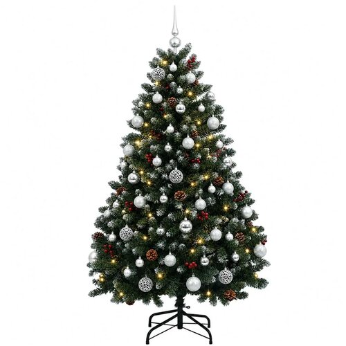  Umjetno božićno drvce zeleno s kuglicama 150 cm 150 LED lampica - Zelena s mraženim vrhovima &amp;Oslash; 80 x 150 cm s 150 LED dioda i sre Slike