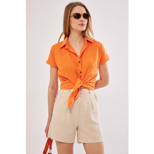 armonika Women's Orange Short Sleeve Linen Shirt Slike