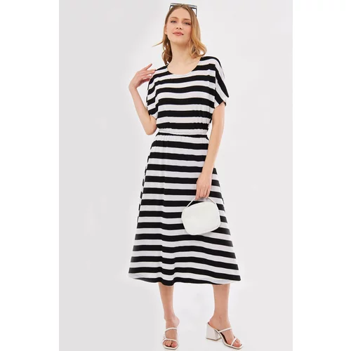 armonika Women's White Decatessera Dress Batwing Sleeve Waist Elastic Skirt Lined Striped Midi Length