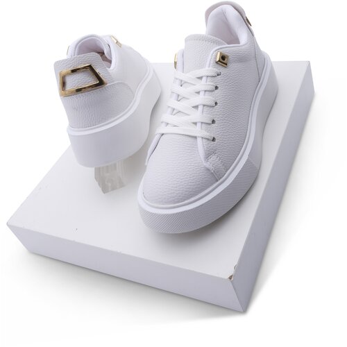 Marjin Women's Sneaker Thick Sole Gold Buckle Detailed Lace Up Sports Shoes Rofke White Slike