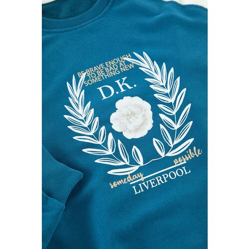 Trendyol Navy Blue Oversize/Wide Cut Raglan Sleeve Color Block Printed Cotton Sweatshirt Cene