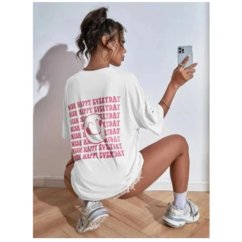 Know Women's White Wish Happy Everyday Printed Oversized T-shirt.