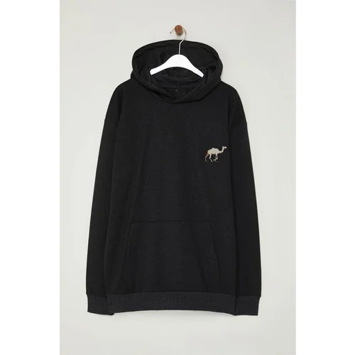 Trendyol Anthracite Oversize/Wide Cut Camel Embroidered Fleece Inside Hooded Sweatshirt