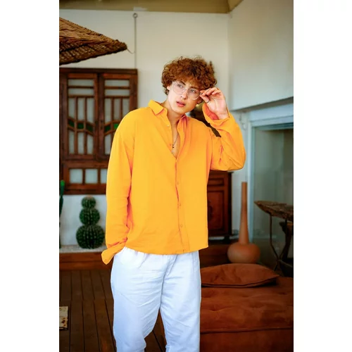 XHAN Orange Crinkle Fabric Shirt