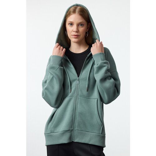 Trendyol Dark Green Oversize/Relaxed Fit Zippered Thick Inside Fleece Knitted Sweatshirt Slike