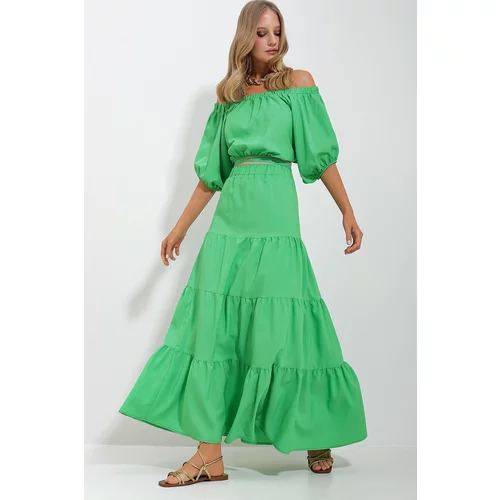 Trend Alaçatı Stili Women's Green Madonna Collar Crop Blouse Gathered Inner Lined Skirt Poplin Suit