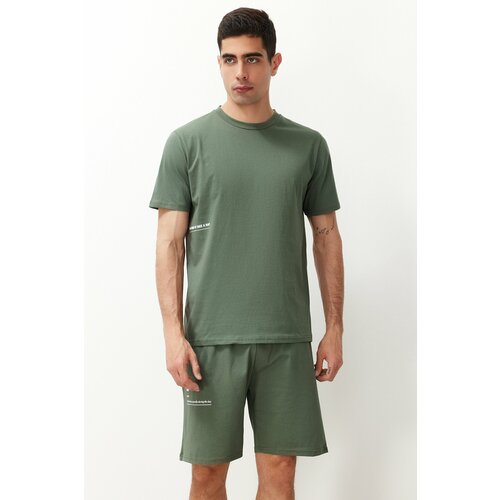 Trendyol Men's Green Reguar Fit Printed Knitted Pajama Set with Shorts Cene