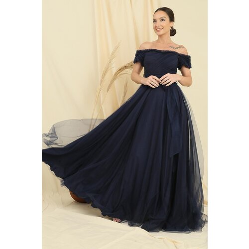 By Saygı Frilly Belted Collar And Sleeves Lined Long Tulle Dress Slike