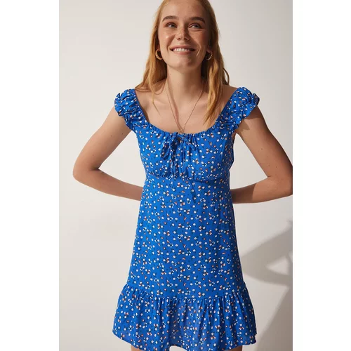 Happiness İstanbul Women's Blue Floral Summer Viscose Dress