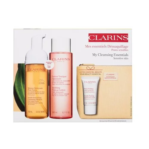 Clarins My Cleansing Essentials Sensitive Skin Set Nježna obnavljajuća pjena za čišćenje 150 ml + umirujući tonirajući losion 200 ml + nježni piling 15 ml + organska kozmetička torbica za ženske