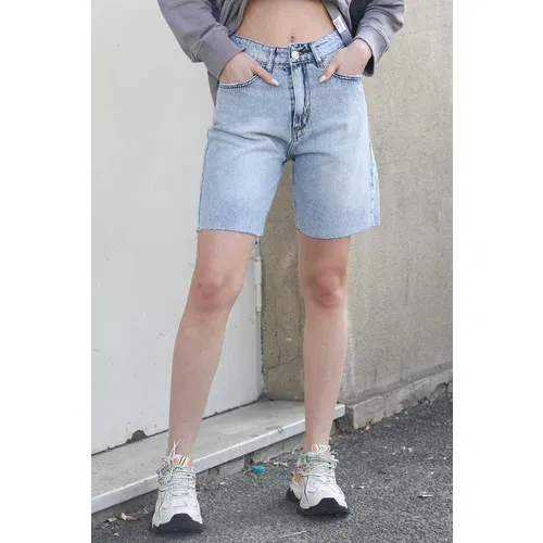 Madmext Ice Blue High Waist Regular Fit Basic Denim Shorts