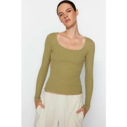 Trendyol Khaki With An Old/Faded Effect Corduroy Neckline Fitted, Stretchy Knit Cotton Blouse
