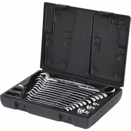 Ks Tools Komplet viličasto-obročastih ključev z ragljo GEARplus, preklopna izvedba, obroč zamaknjen za 15°, v kovčku, za nastavke, 16 kosov