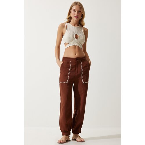 Happiness İstanbul Women's Brown Embroidery Detail Muslin Trousers Slike