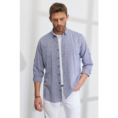 AC&Co / Altınyıldız Classics Men's Navy Blue Comfort Fit Relaxed Cut Buttoned Collar Casual Linen Shirt Slike