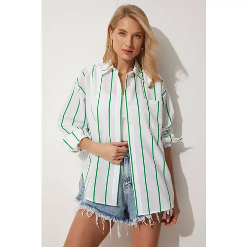 Happiness İstanbul Women's Green White Striped Oversized Long Cotton Shirt